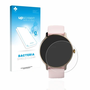 Parte frontal de un envase de producto con el logotipo de la marca upscreen. Al lado se muestra el dispositivo Hama Fit Watch 