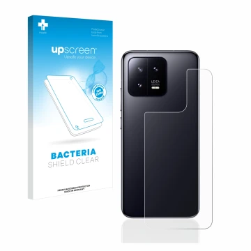 Parte frontal de un envase de producto con el logotipo de la marca upscreen. Al lado se muestra el dispositivo Xiaomi 13 (Tras