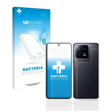 Parte frontal de un envase de producto con el logotipo de la marca upscreen. Al lado se muestra el dispositivo Xiaomi 13 (Fron