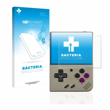 Parte frontal de un envase de producto con el logotipo de la marca upscreen. Al lado se muestra el dispositivo Miyoo Mini Plus