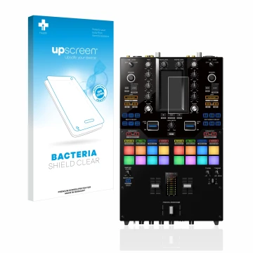 Parte frontal de un envase de producto con el logotipo de la marca upscreen. Al lado se muestra el dispositivo Pioneer DJM-S11