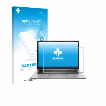 Parte frontal de un envase de producto con el logotipo de la marca upscreen. Al lado se muestra el dispositivo HP Zbook Firefl