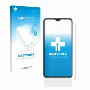 Parte frontal de un envase de producto con el logotipo de la marca upscreen. Al lado se muestra el dispositivo Beafon M6s prem