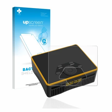 Parte frontal de un envase de producto con el logotipo de la marca upscreen. Al lado se muestra el dispositivo Junsi iCharger 