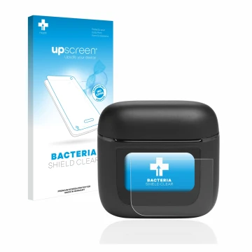 Parte frontal de un envase de producto con el logotipo de la marca upscreen. Al lado se muestra el dispositivo JBL Tour Pro 2 
