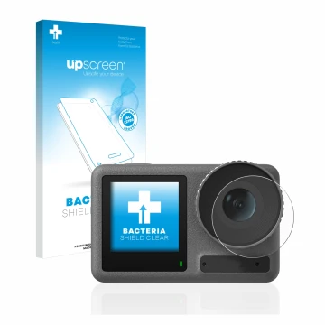 Parte frontal de un envase de producto con el logotipo de la marca upscreen. Al lado se muestra el dispositivo DJI Osmo Action