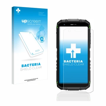 Parte frontal de un envase de producto con el logotipo de la marca upscreen. Al lado se muestra el dispositivo Doogee S41 Pro 