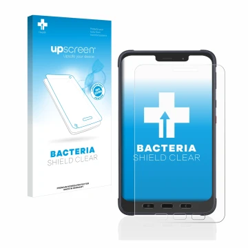 Parte frontal de un envase de producto con el logotipo de la marca upscreen. Al lado se muestra el dispositivo Samsung Galaxy 