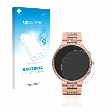 Parte frontal de un envase de producto con el logotipo de la marca upscreen. Al lado se muestra el dispositivo Michael Kors Ca