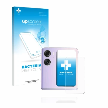 Parte frontal de un envase de producto con el logotipo de la marca upscreen. Al lado se muestra el dispositivo Oppo Find N2 Fl