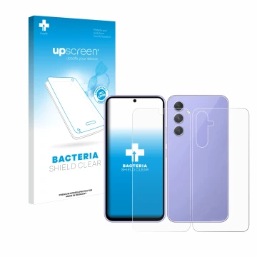 Parte frontal de un envase de producto con el logotipo de la marca upscreen. Al lado se muestra el dispositivo Samsung Galaxy 