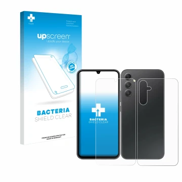 Parte frontal de un envase de producto con el logotipo de la marca upscreen. Al lado se muestra el dispositivo Samsung Galaxy 