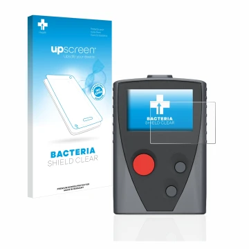 Parte frontal de un envase de producto con el logotipo de la marca upscreen. Al lado se muestra el dispositivo Swissphone Boss