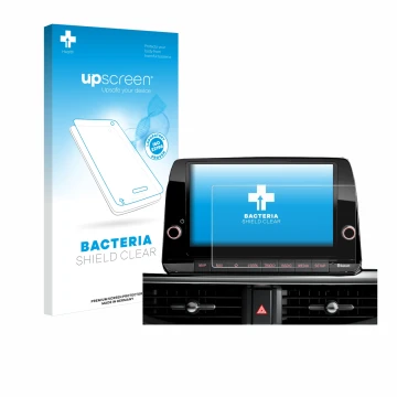 Parte frontal de un envase de producto con el logotipo de la marca upscreen. Al lado se muestra el dispositivo Kia Picanto 202
