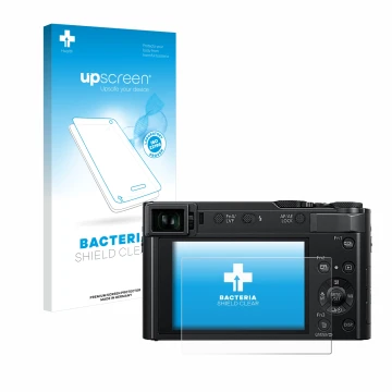 Parte frontal de un envase de producto con el logotipo de la marca upscreen. Al lado se muestra el dispositivo Panasonic Lumix