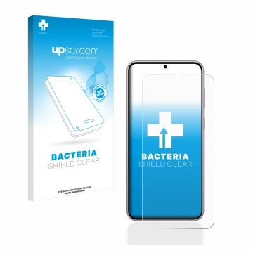 Parte frontal de un envase de producto con el logotipo de la marca upscreen. Al lado se muestra el dispositivo Samsung Galaxy 