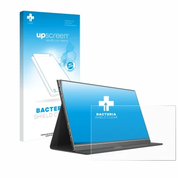 Parte frontal de un envase de producto con el logotipo de la marca upscreen. Al lado se muestra el dispositivo Arzopa S1 Table