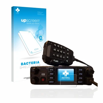 Parte frontal de un envase de producto con el logotipo de la marca upscreen. Al lado se muestra el dispositivo AnyTone AT-D578