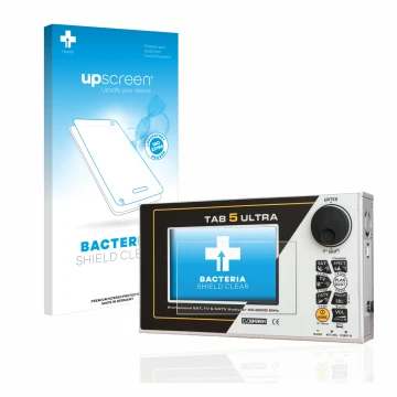 Parte frontal de un envase de producto con el logotipo de la marca upscreen. Al lado se muestra el dispositivo Rover TAB 5 ULT