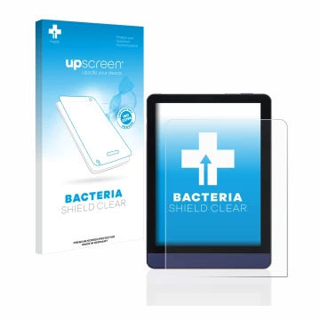 Parte frontal de un envase de producto con el logotipo de la marca upscreen. Al lado se muestra el dispositivo Meebook M6 6
