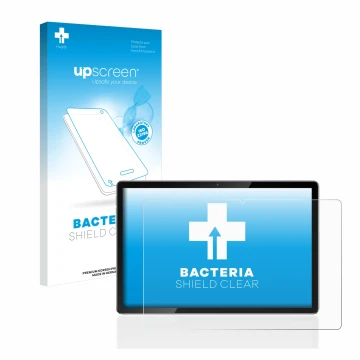 Parte frontal de un envase de producto con el logotipo de la marca upscreen. Al lado se muestra el dispositivo Blackview Tab 1