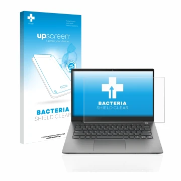 Parte frontal de un envase de producto con el logotipo de la marca upscreen. Al lado se muestra el dispositivo Lenovo ThinkBoo