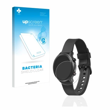 Parte frontal de un envase de producto con el logotipo de la marca upscreen. Al lado se muestra el dispositivo Doro Watch con 