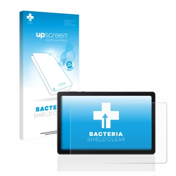 Parte frontal de un envase de producto con el logotipo de la marca upscreen. Al lado se muestra el dispositivo Acer Iconia Tab