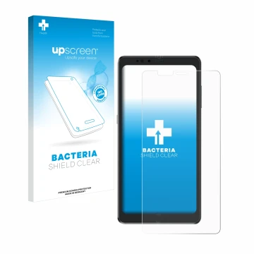 Parte frontal de un envase de producto con el logotipo de la marca upscreen. Al lado se muestra el dispositivo Hisense A9 con 