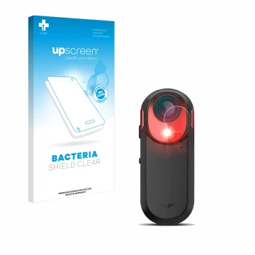 Parte frontal de un envase de producto con el logotipo de la marca upscreen. Al lado se muestra el dispositivo Garmin Varia RC