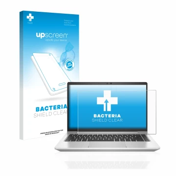 Parte frontal de un envase de producto con el logotipo de la marca upscreen. Al lado se muestra el dispositivo HP EliteBook 64