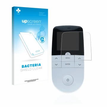 Parte frontal de un envase de producto con el logotipo de la marca upscreen. Al lado se muestra el dispositivo Beurer EM 49 Di