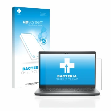 Parte frontal de un envase de producto con el logotipo de la marca upscreen. Al lado se muestra el dispositivo Dell Latitude 5