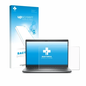 Parte frontal de un envase de producto con el logotipo de la marca upscreen. Al lado se muestra el dispositivo Dell Latitude 5