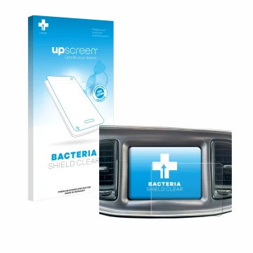Parte frontal de un envase de producto con el logotipo de la marca upscreen. Al lado se muestra el dispositivo Dodge Challenge