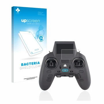 Parte frontal de un envase de producto con el logotipo de la marca upscreen. Al lado se muestra el dispositivo Radiomaster Zor