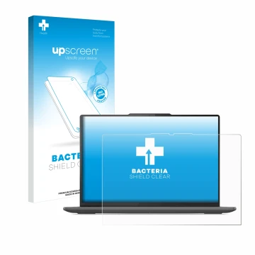 Parte frontal de un envase de producto con el logotipo de la marca upscreen. Al lado se muestra el dispositivo Lenovo Yoga Pro