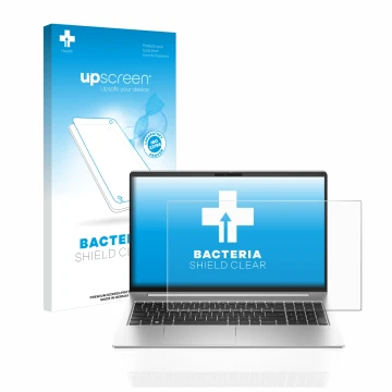 Parte frontal de un envase de producto con el logotipo de la marca upscreen. Al lado se muestra el dispositivo HP ProBook 450 