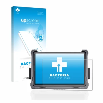 Parte frontal de un envase de producto con el logotipo de la marca upscreen. Al lado se muestra el dispositivo DJI Transmissio