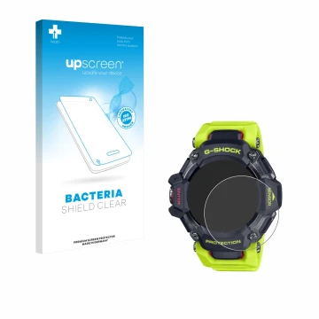 Parte frontal de un envase de producto con el logotipo de la marca upscreen. Al lado se muestra el dispositivo Casio G-Shock G
