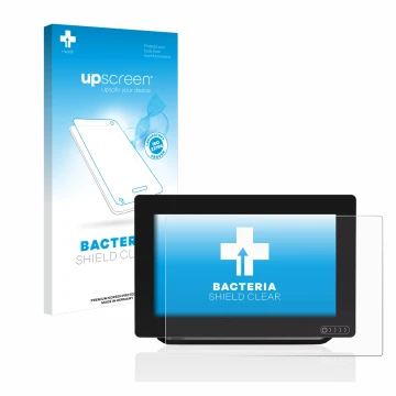 Parte frontal de un envase de producto con el logotipo de la marca upscreen. Al lado se muestra el dispositivo Raymarine Axiom