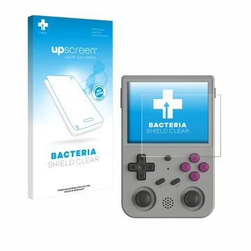 Parte frontal de un envase de producto con el logotipo de la marca upscreen. Al lado se muestra el dispositivo Anbernic RG353V