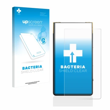 Parte frontal de un envase de producto con el logotipo de la marca upscreen. Al lado se muestra el dispositivo Sony Walkman NW