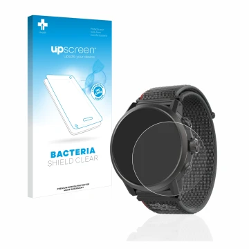 Parte frontal de un envase de producto con el logotipo de la marca upscreen. Al lado se muestra el dispositivo Coros Apex 2 co