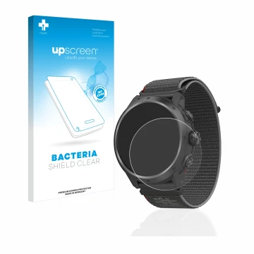 Parte frontal de un envase de producto con el logotipo de la marca upscreen. Al lado se muestra el dispositivo Coros Apex 2 Pr
