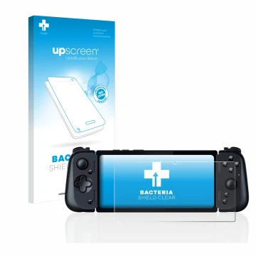 Parte frontal de un envase de producto con el logotipo de la marca upscreen. Al lado se muestra el dispositivo Razer Edge 5G c