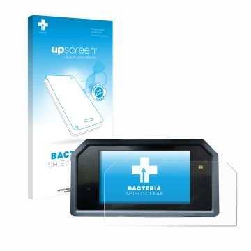 Parte frontal de un envase de producto con el logotipo de la marca upscreen. Al lado se muestra el dispositivo Yamaha Tmax 560