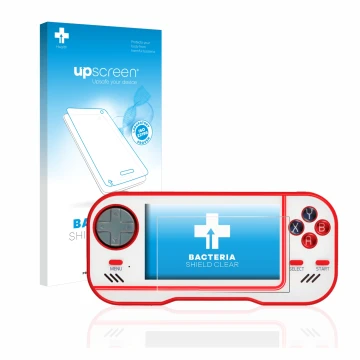 Parte frontal de un envase de producto con el logotipo de la marca upscreen. Al lado se muestra el dispositivo Blaze Evercade 