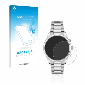 Parte frontal de un envase de producto con el logotipo de la marca upscreen. Al lado se muestra el dispositivo Hugo Boss Chron