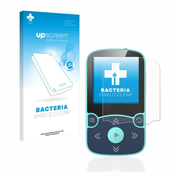 Parte frontal de un envase de producto con el logotipo de la marca upscreen. Al lado se muestra el dispositivo AGPtek A65X MP3